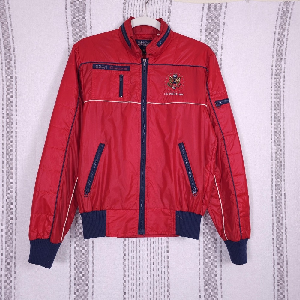 Vintage USA1 Jacket Mens Small Red Nylon Bomber Windbreaker Los Angeles 1984